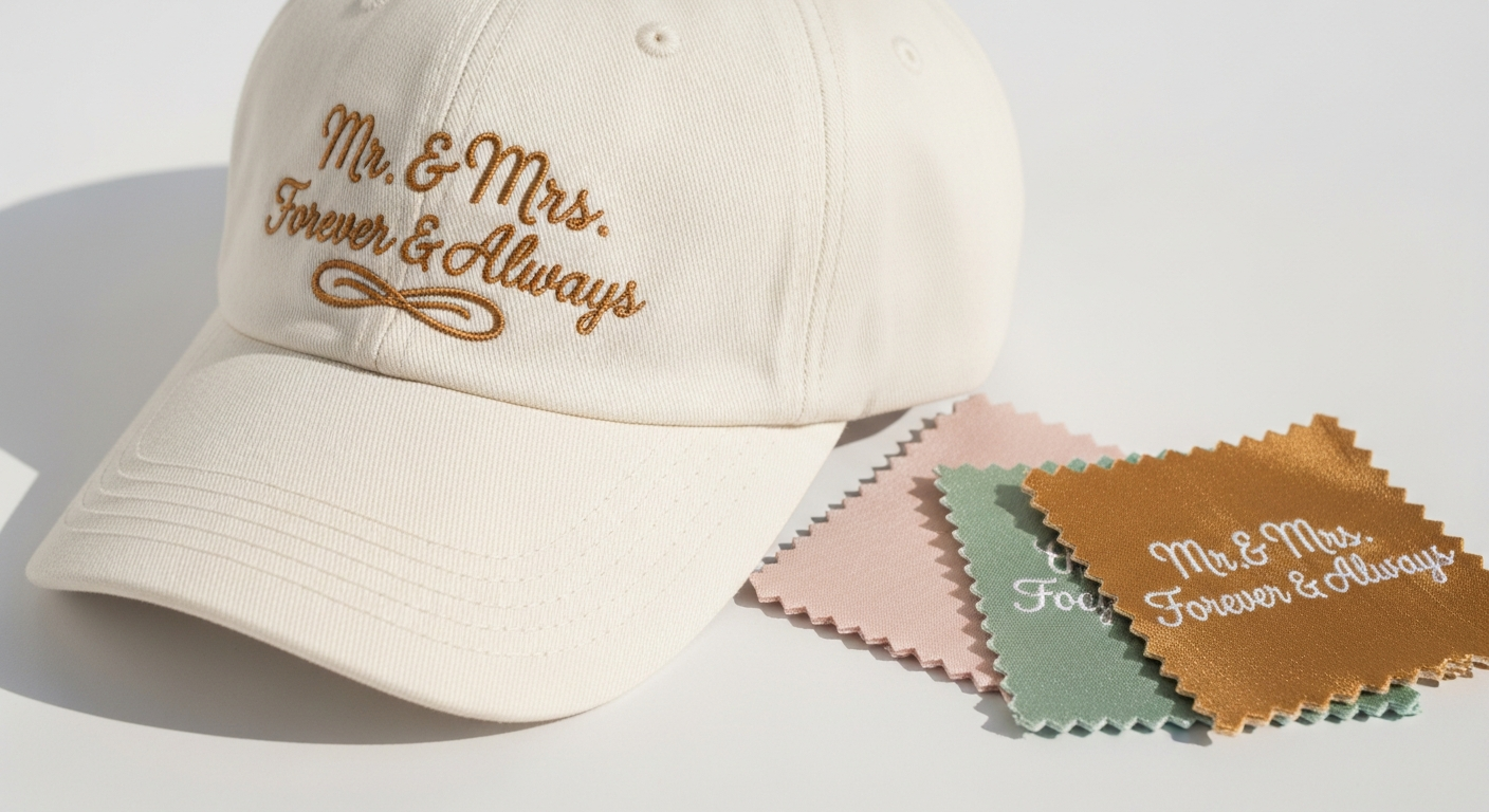 Custom wedding hat design showing color coordination with wedding palette and script embroidery detail