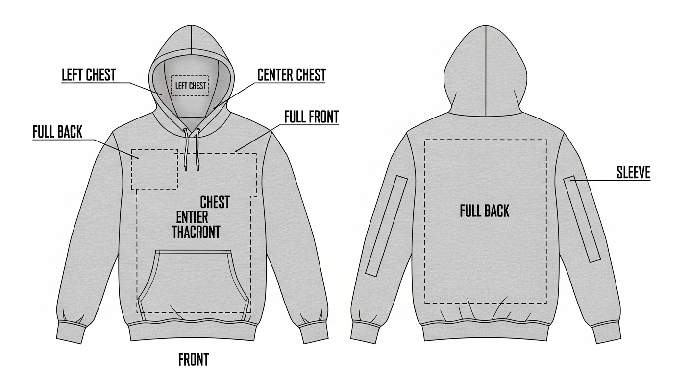 Diagram showing different design placement areas on a custom hoodie