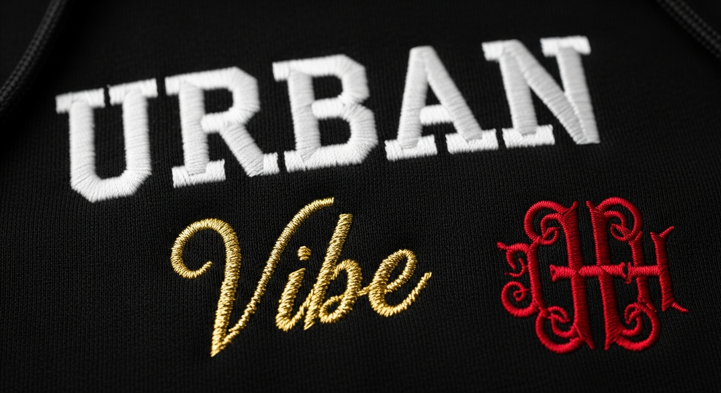 Various font styles embroidered on custom hoodies showing different effects