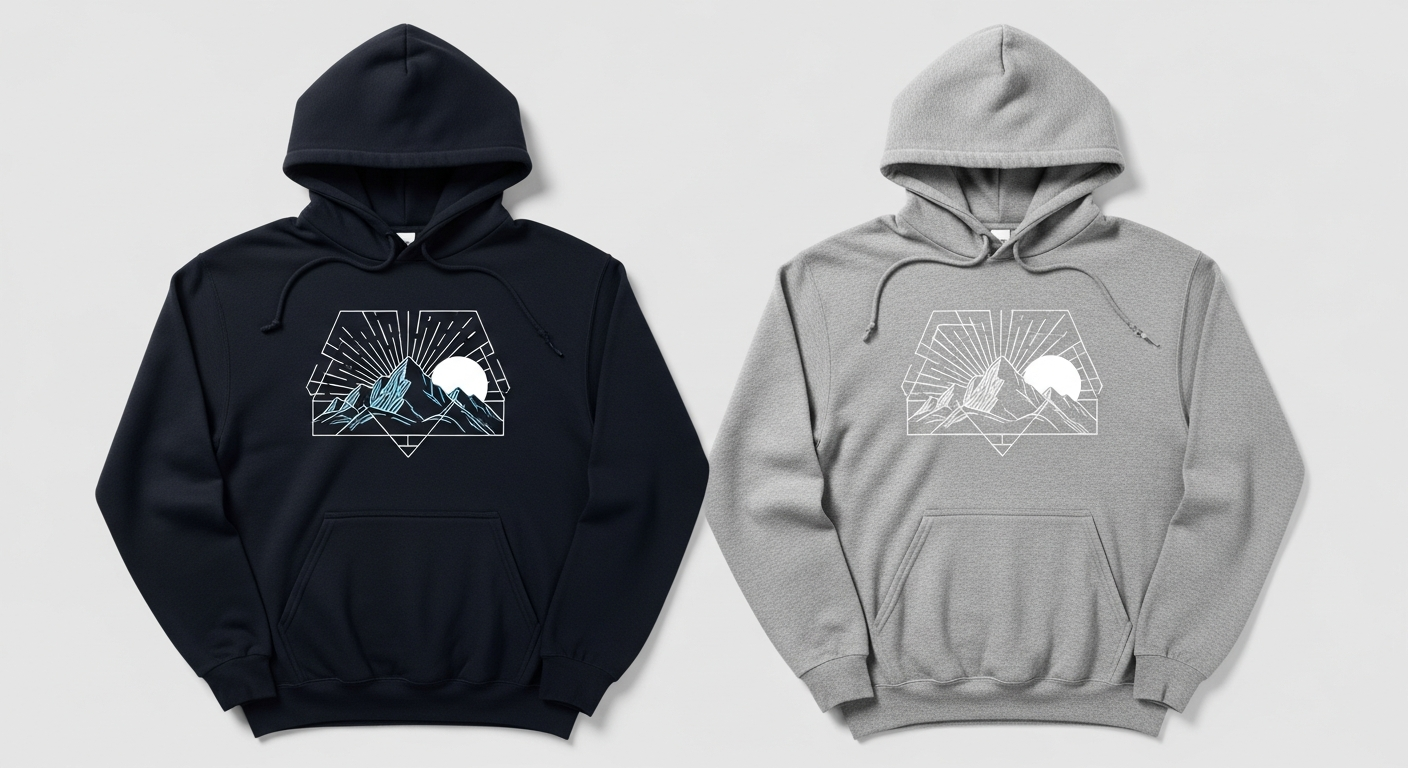 Side-by-side comparison of same design on dark and light hoodie colors