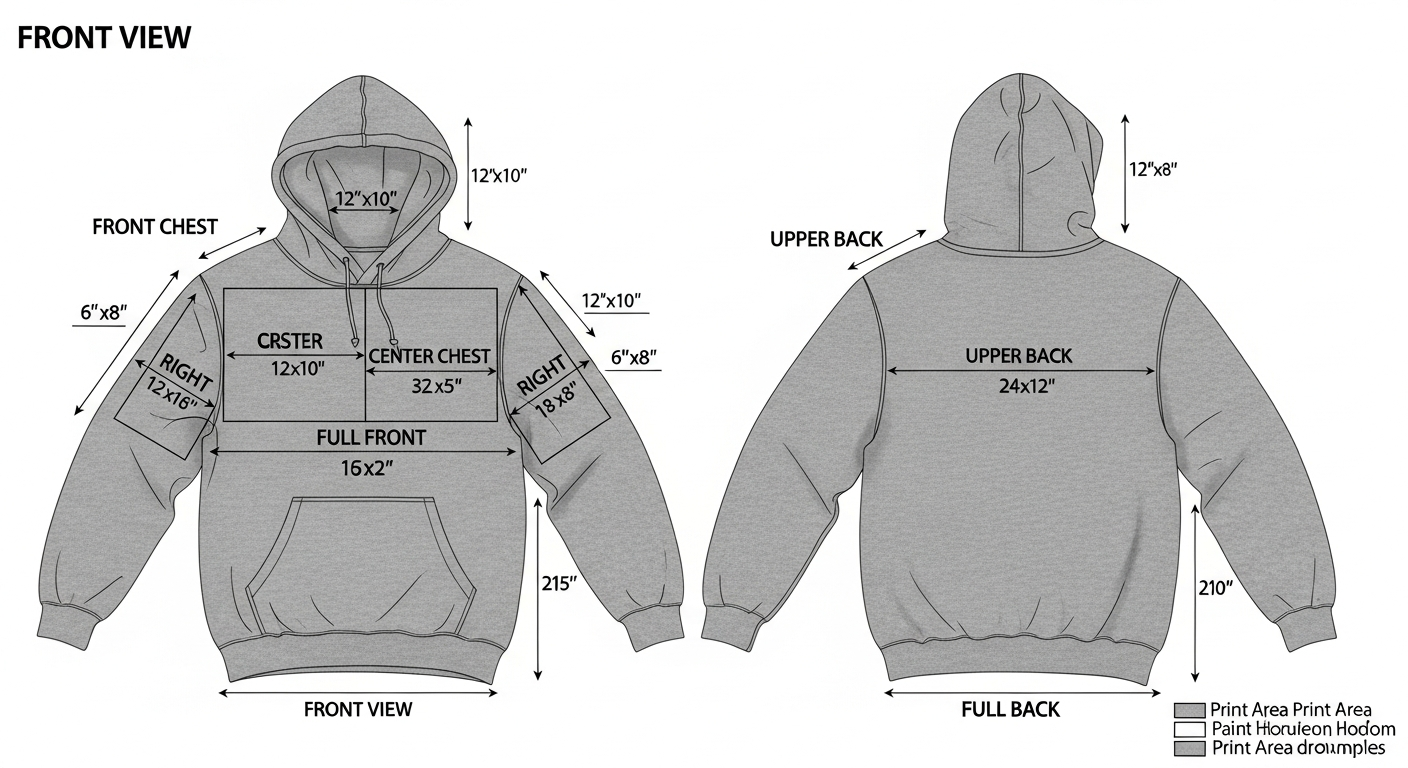 Detailed diagram showing front and back print areas on a custom hoodie with dimensions