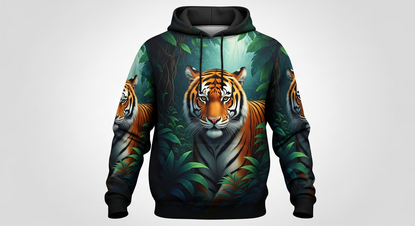 DTG printed custom hoodie showing photographic quality full-color design