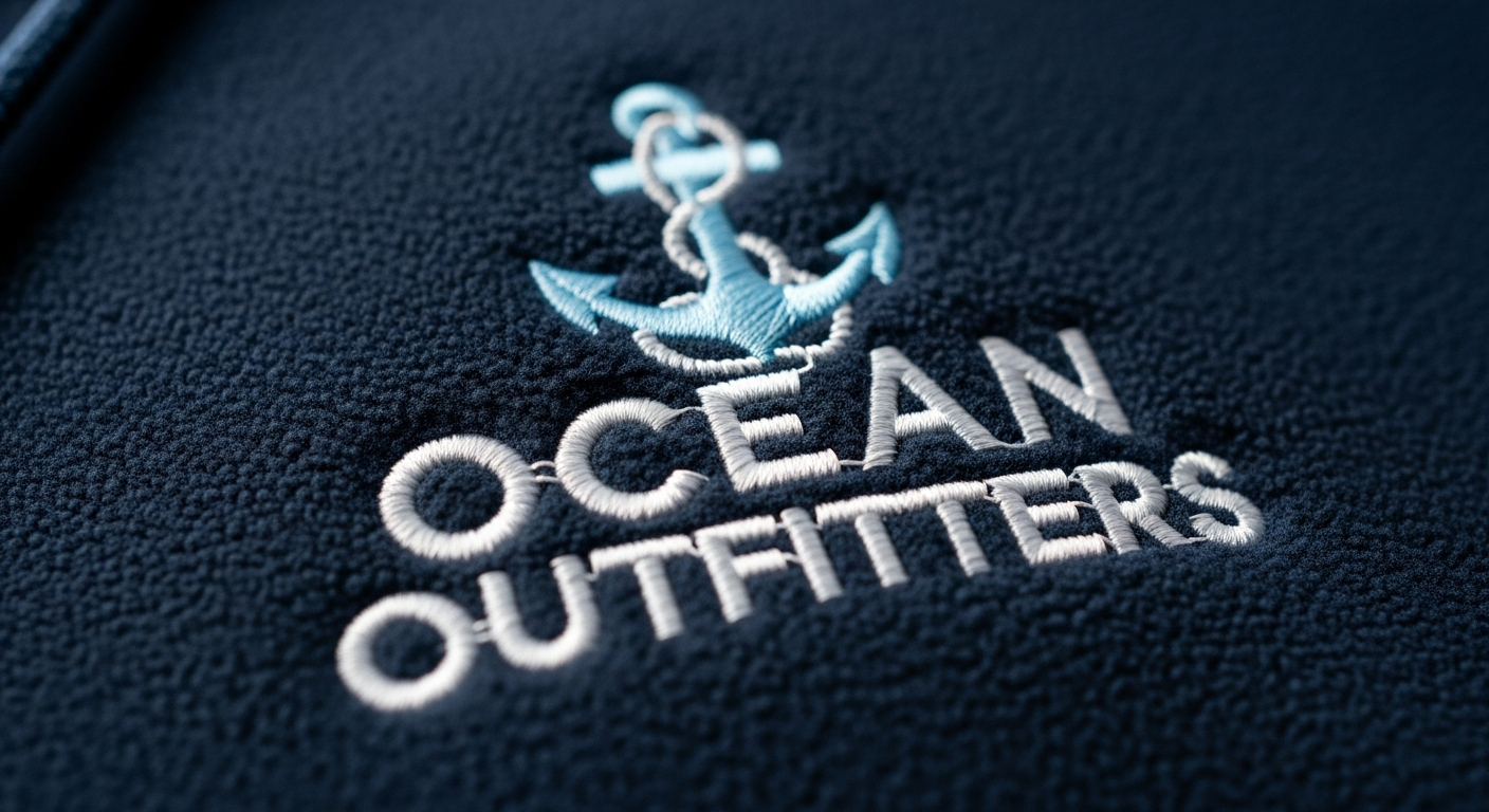 Close-up of embroidered logo showing thread detail on custom hoodie fabric