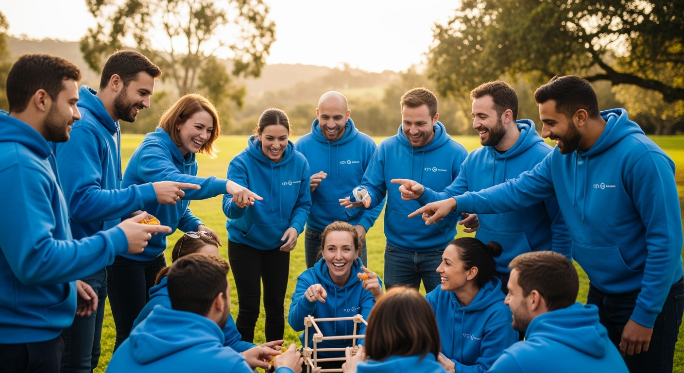 Team members wearing matching custom hoodies at a company team-building event