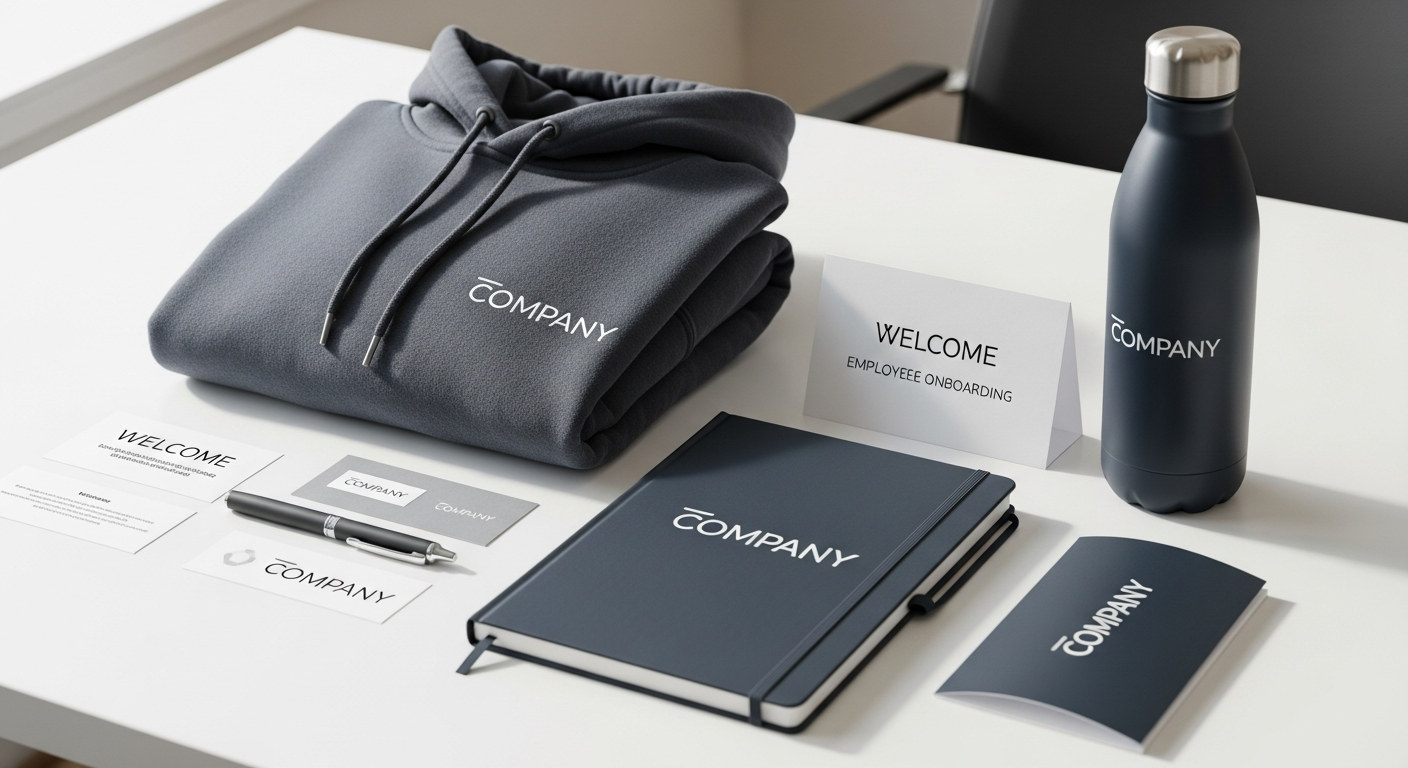 Employee welcome kit featuring a custom branded hoodie with company merchandise