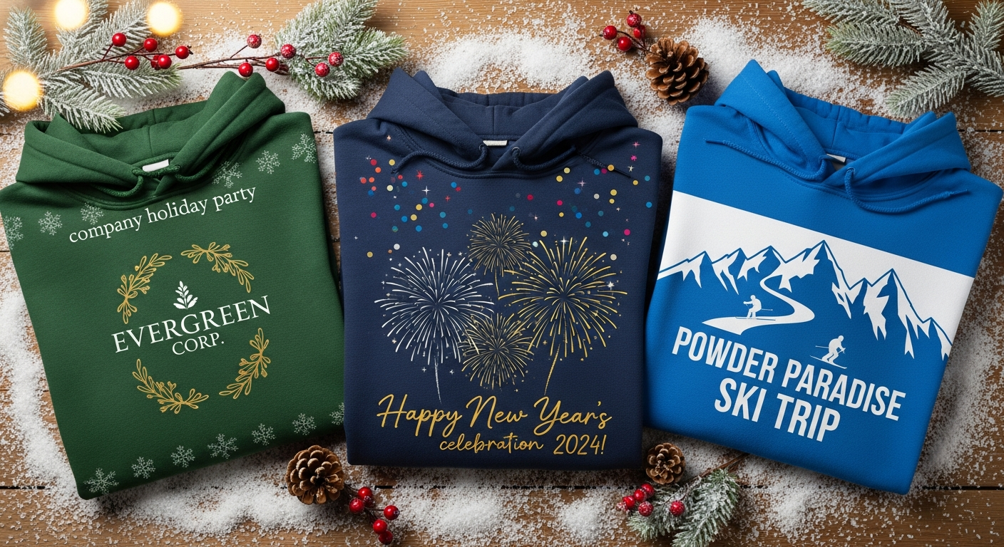 Custom hoodies designed for various winter and holiday events