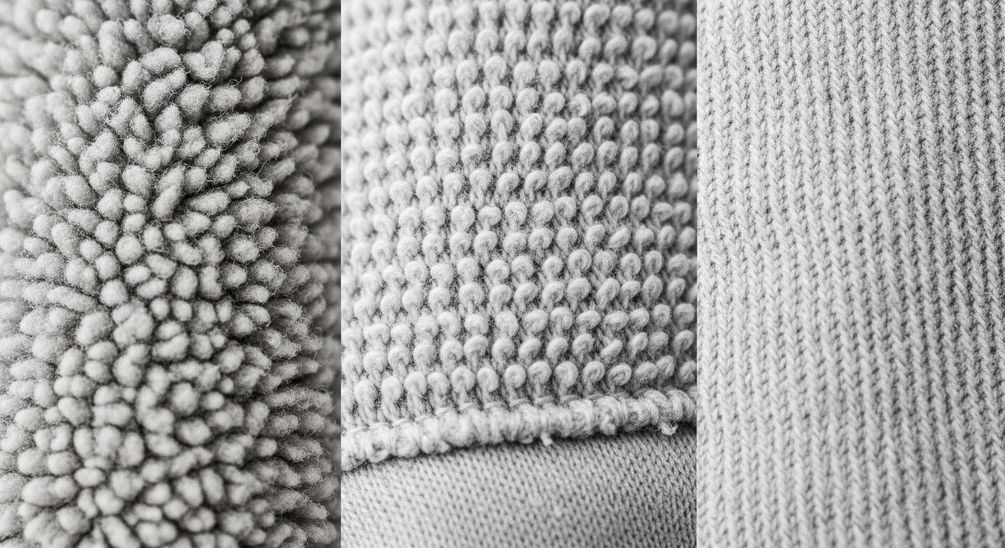 Close-up comparison of fleece, French terry, and cotton blend hoodie fabrics