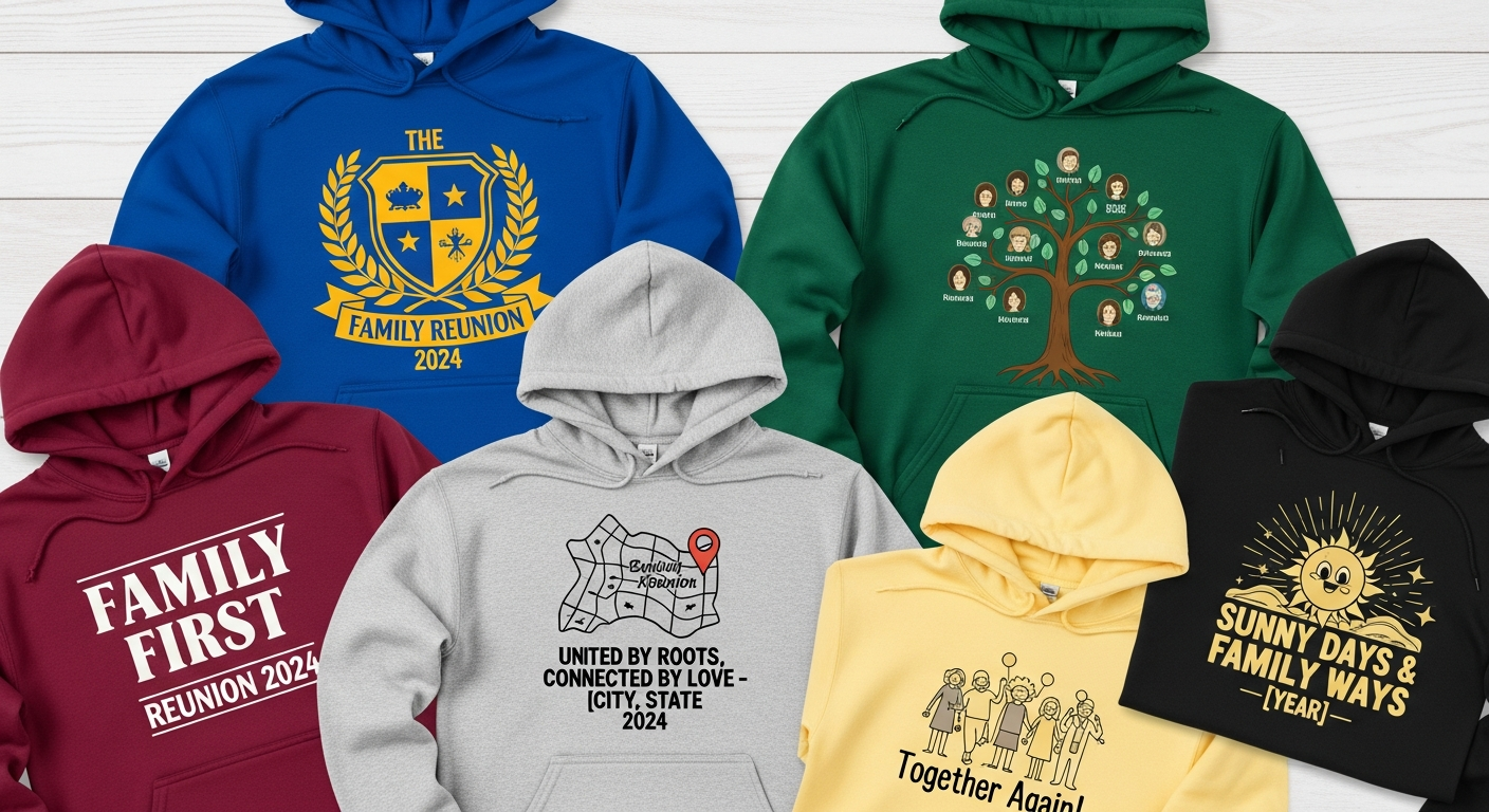 Collection of custom family reunion hoodie design templates