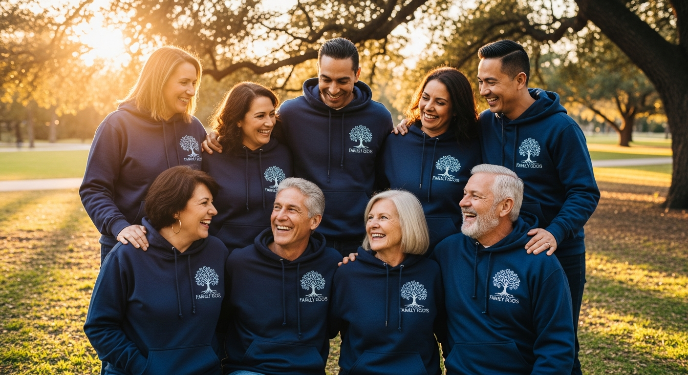 Large family group wearing matching custom hoodies at a reunion event