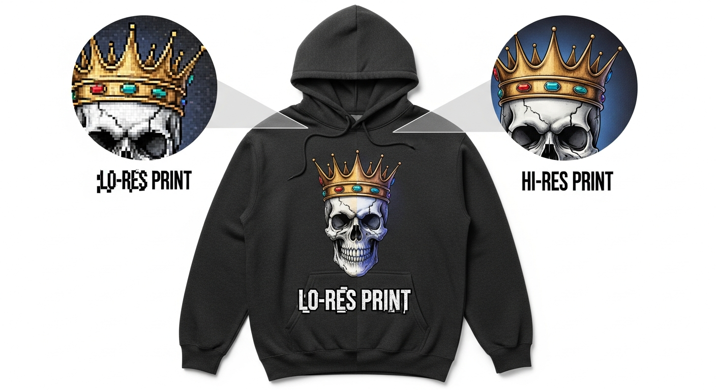 Comparison of low-resolution vs high-resolution prints on custom hoodies
