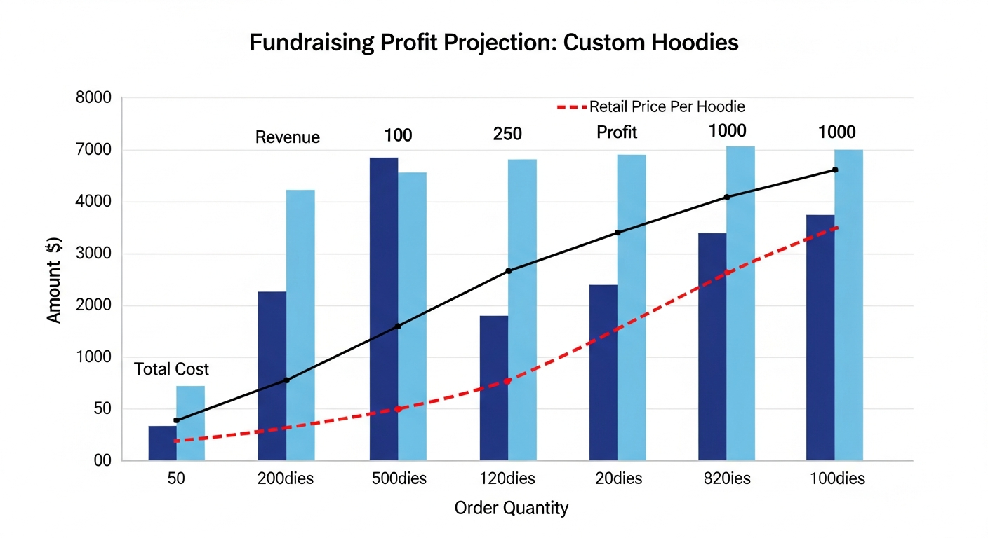 Fundraising profit projection chart for custom hoodie campaigns