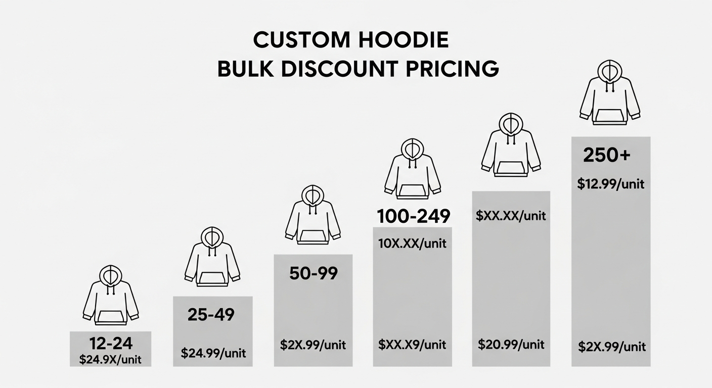 Visual showing bulk discount pricing tiers for custom hoodies