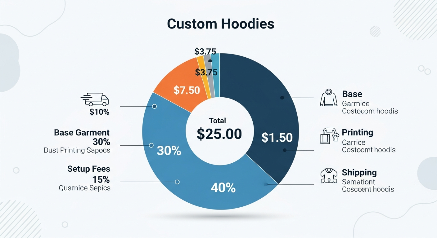 Custom hoodie cost breakdown chart showing garment, printing, and setup costs