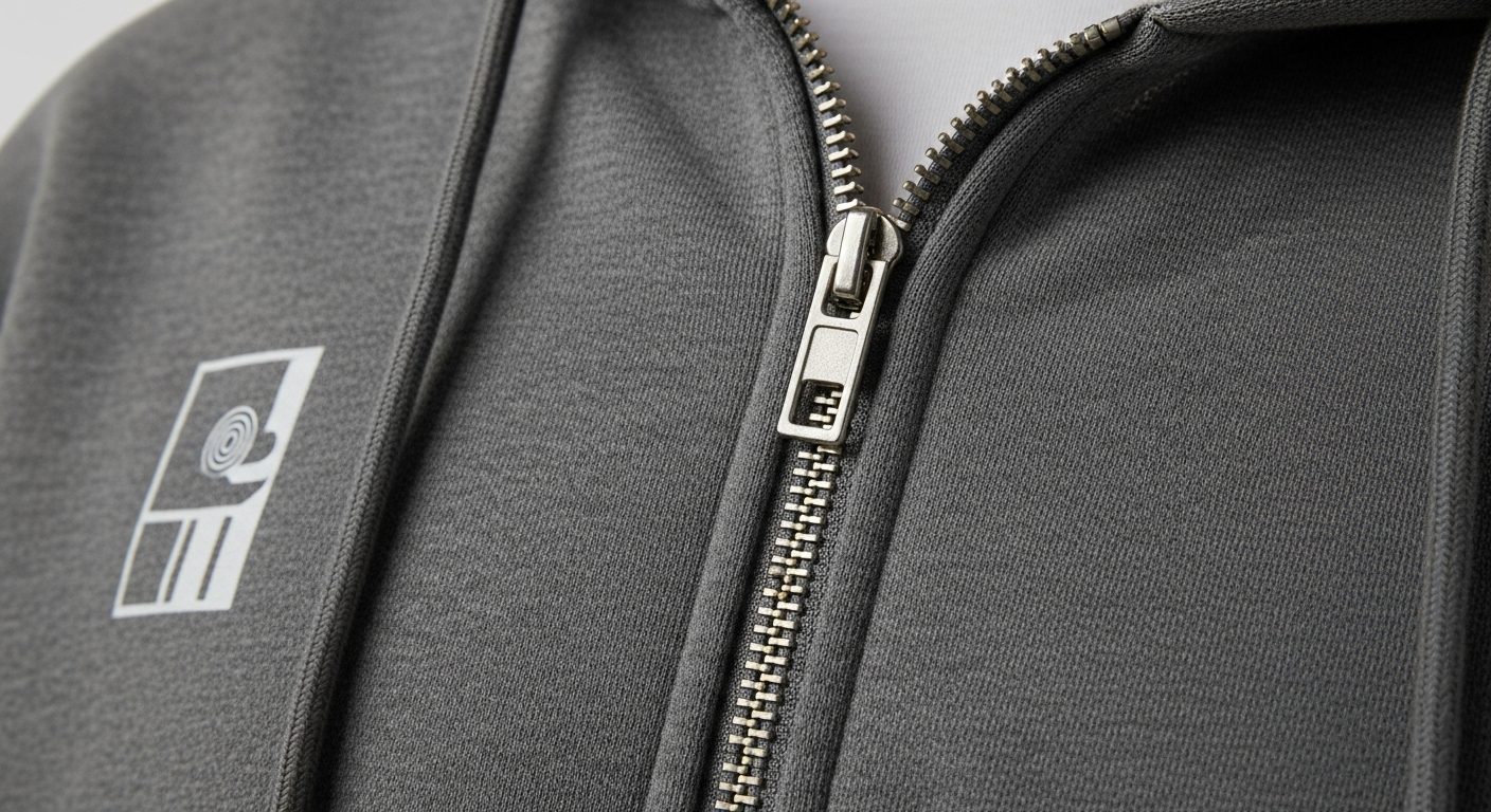 Zip-up hoodie showing split front panels and zipper construction