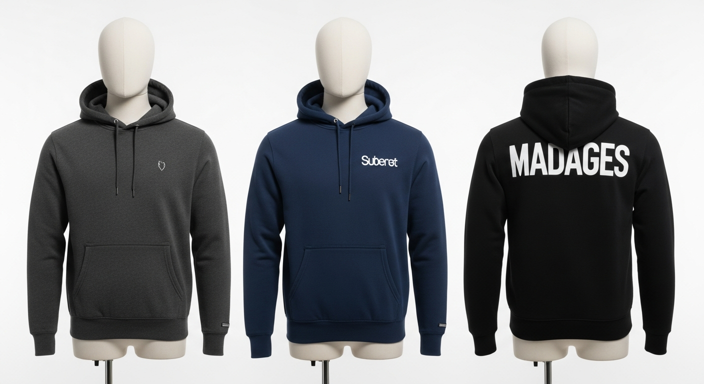 Collection of custom branded hoodies for different small businesses