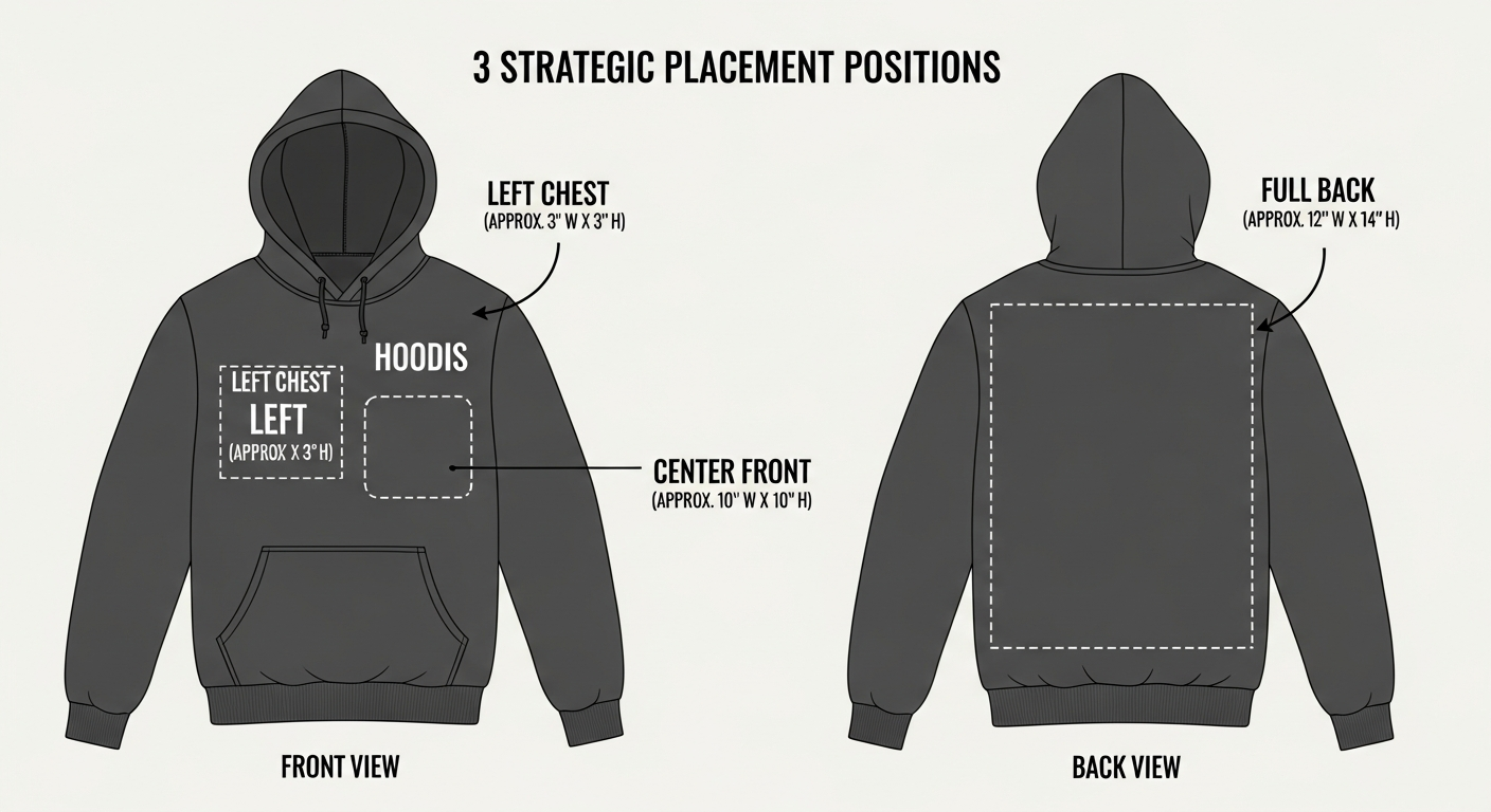 Diagram showing strategic logo placement options on custom hoodies