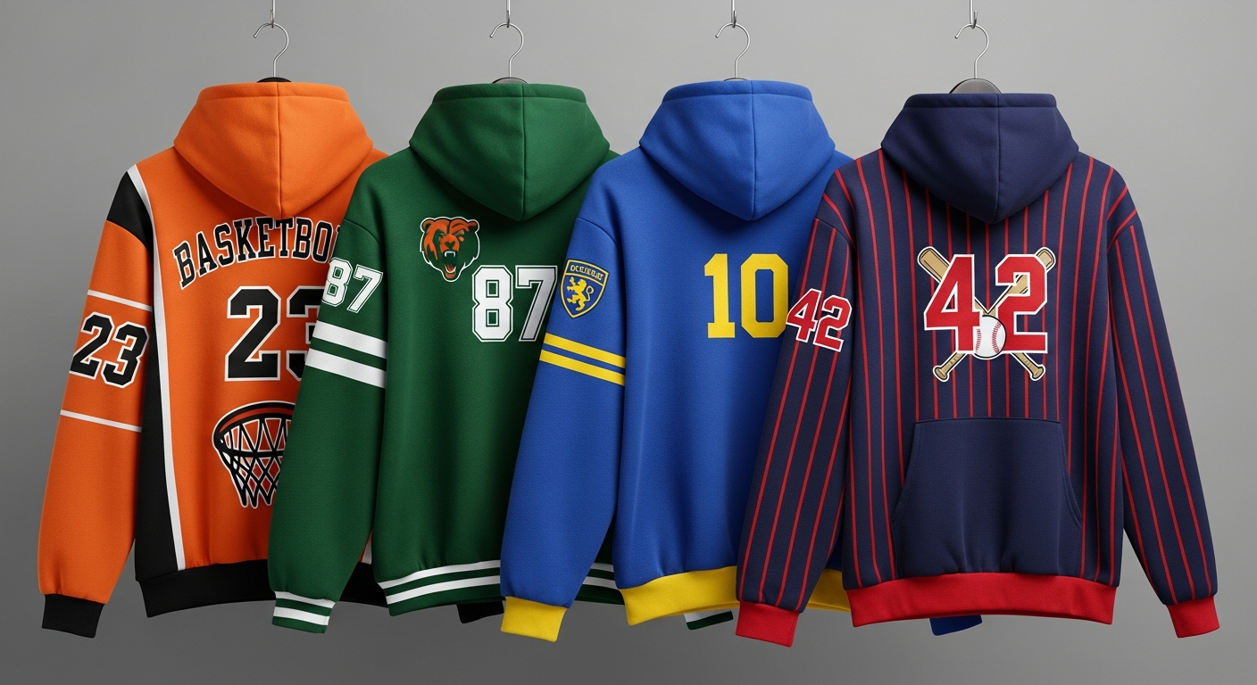 Sports team members wearing matching custom hoodies on the sideline