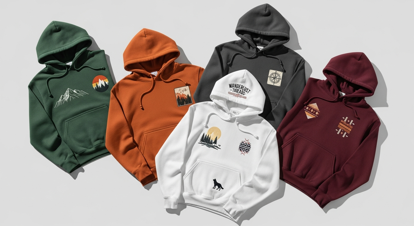 Collection of branded custom hoodies showing cohesive brand identity