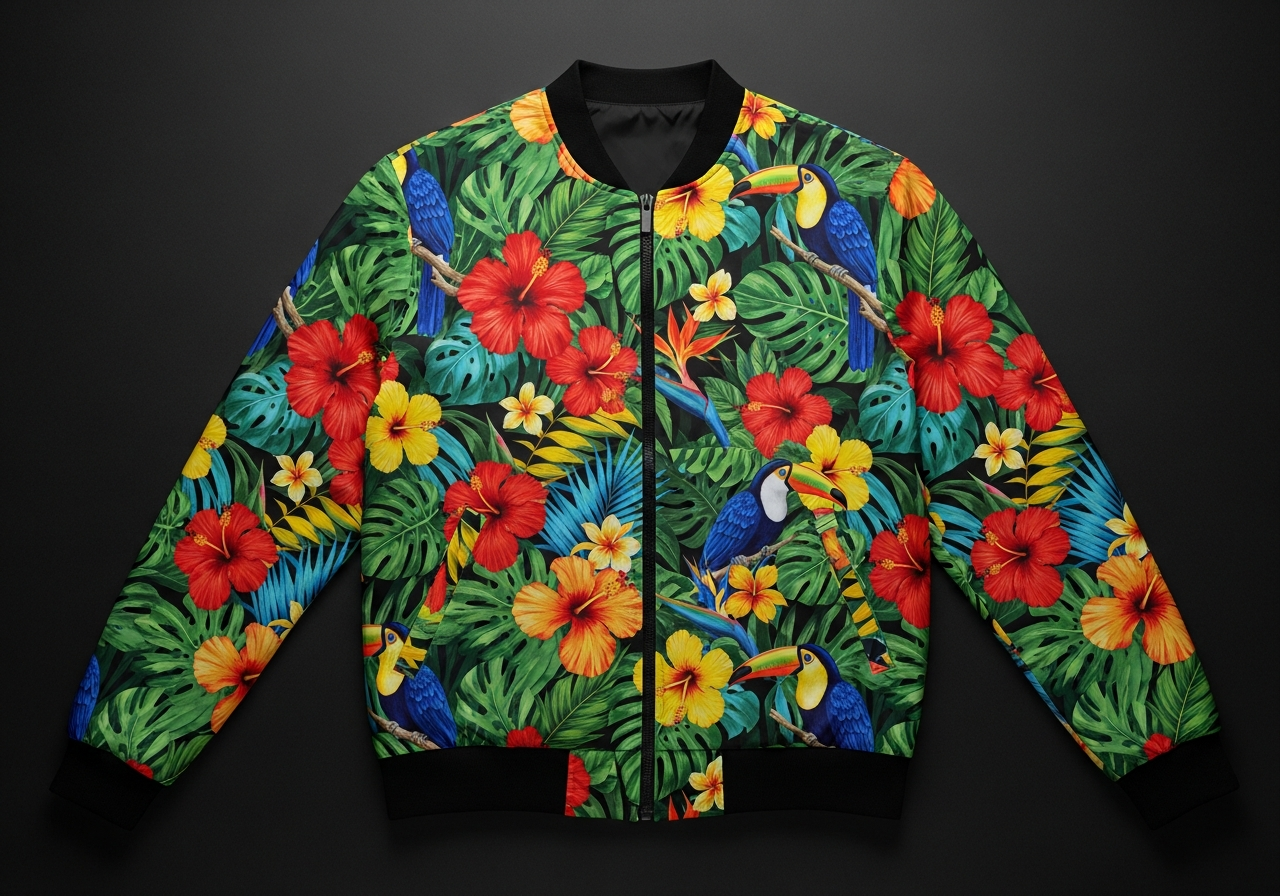 All-over printed custom bomber jacket showing seamless full-coverage design across panels and sleeves