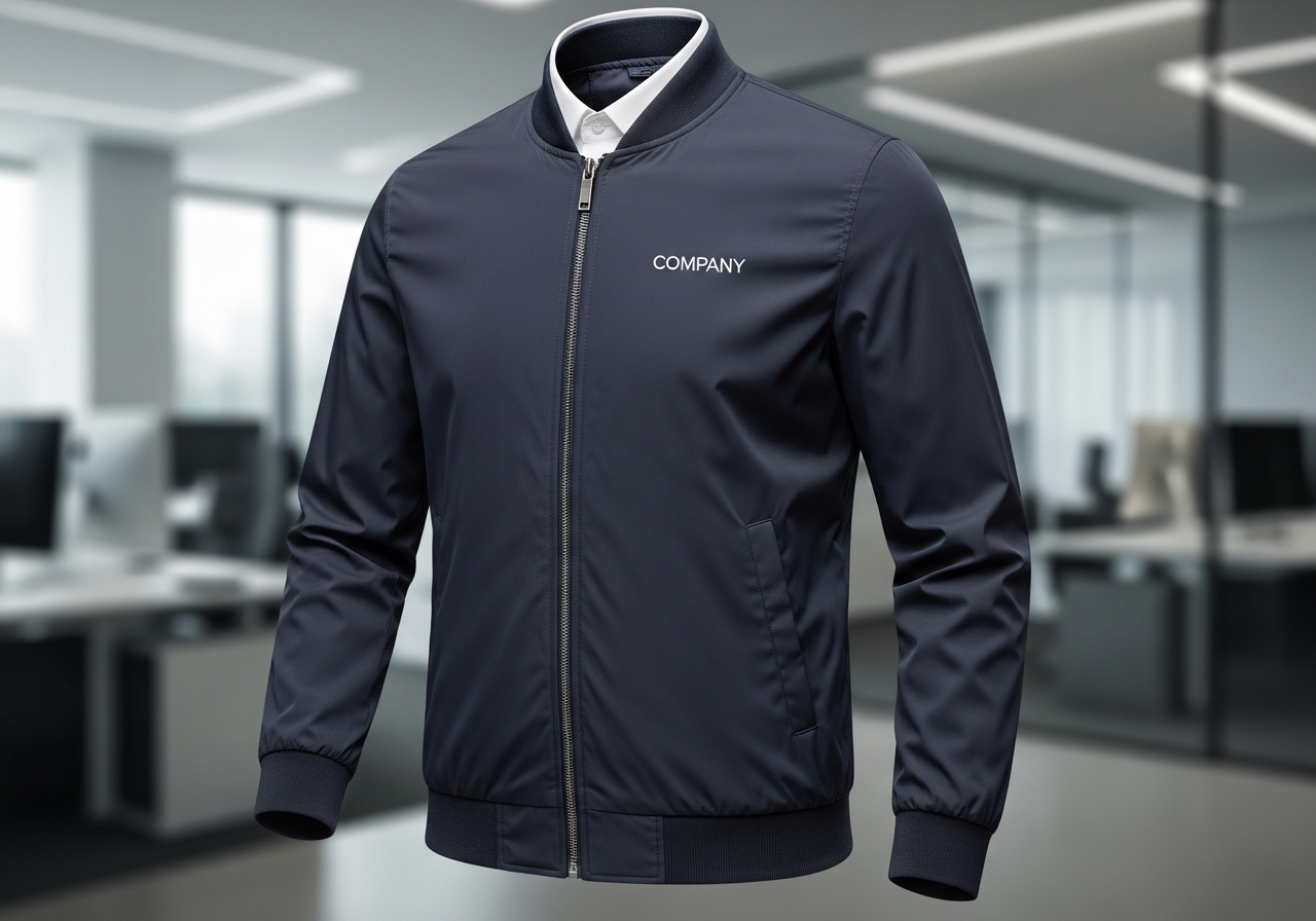 Corporate branded custom bomber jacket with embroidered company logo on chest and tonal back design