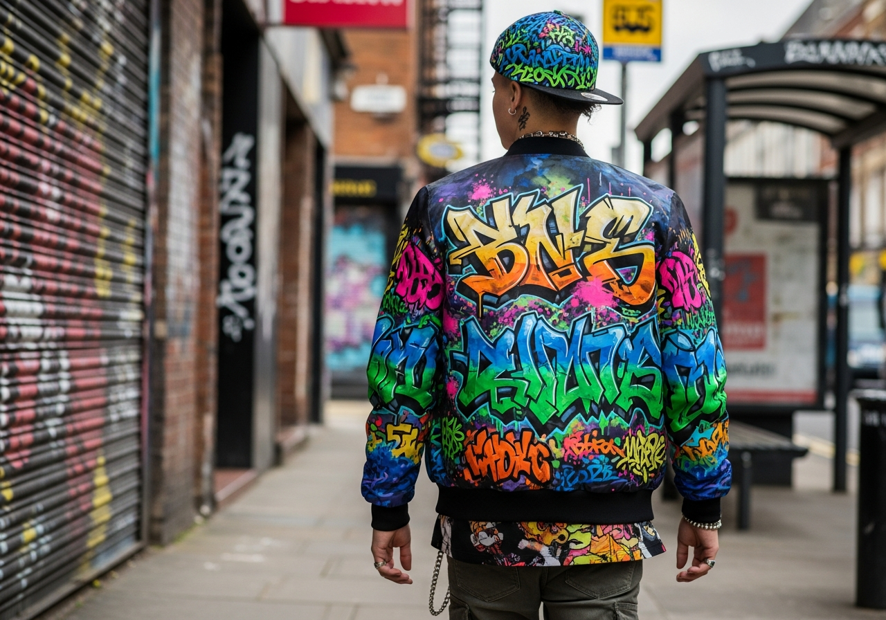 Custom streetwear bomber jacket with large back panel graphic and embroidered chest logo