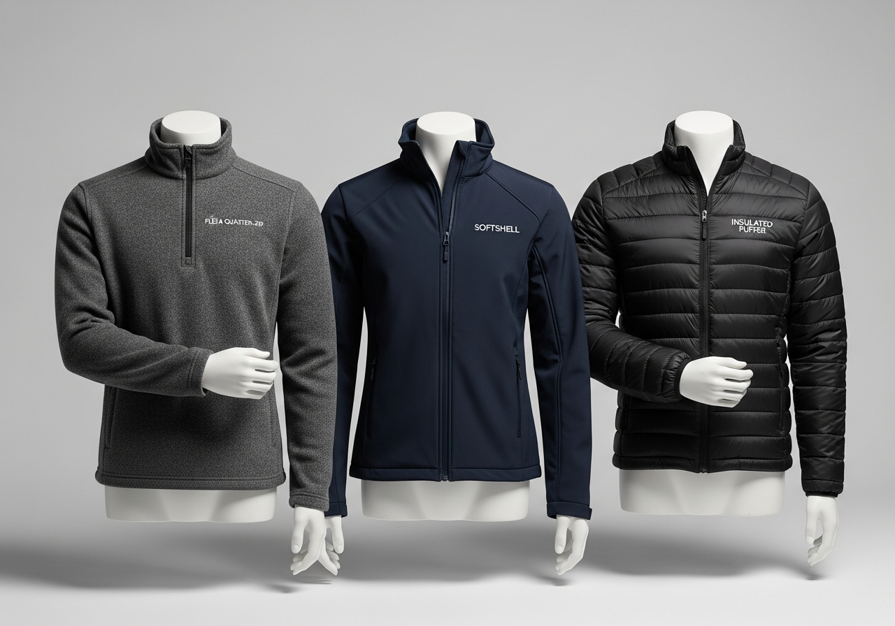 Corporate jacket style comparison showing softshell fleece puffer and windbreaker options with logo placement