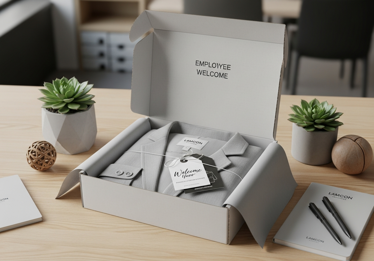 Corporate branded jacket gift box for employee onboarding showing premium packaging and presentation