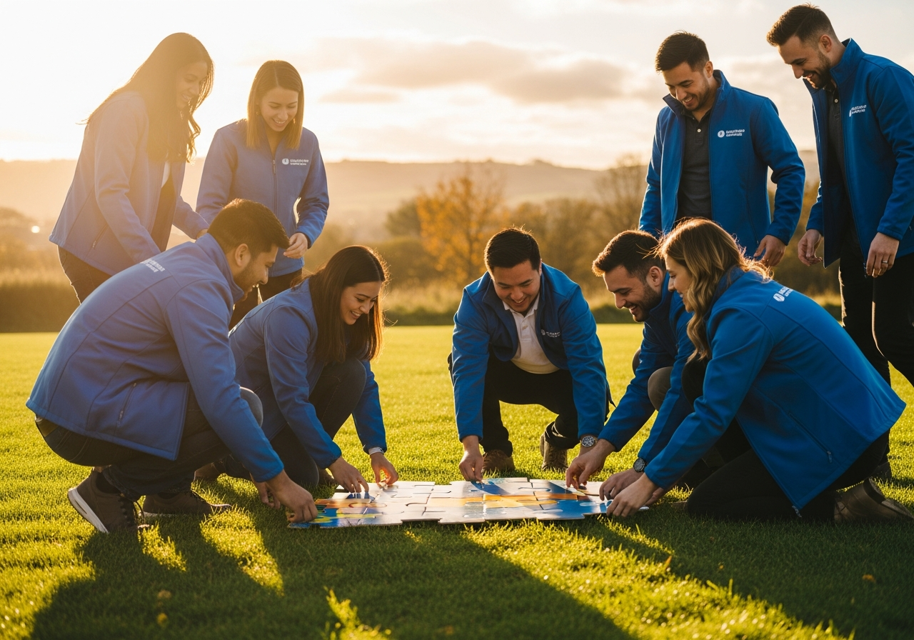 Corporate team wearing matching branded jackets at a company retreat showing group unity and branding