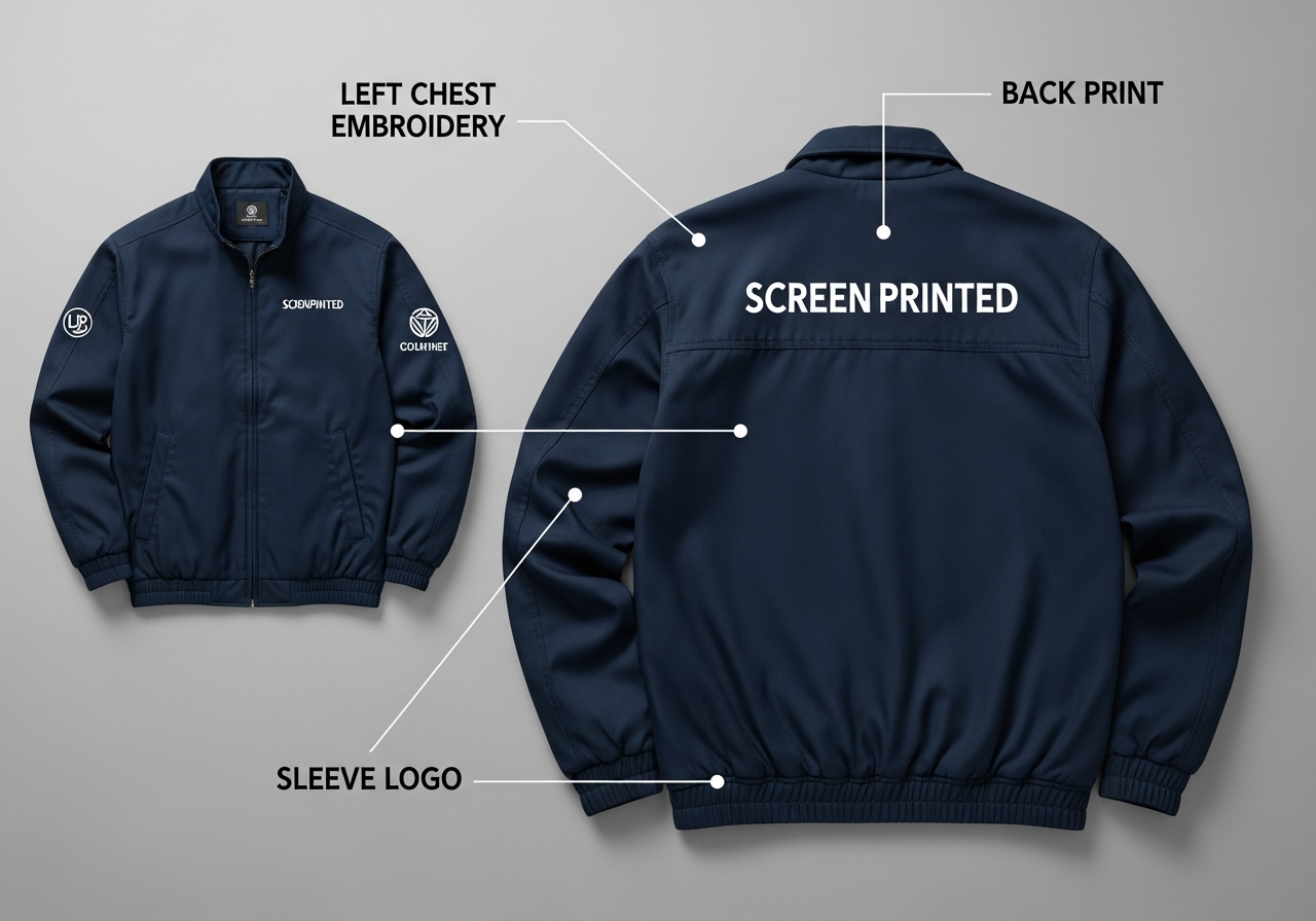 Corporate jacket logo placement options showing left chest right chest back panel and sleeve positions