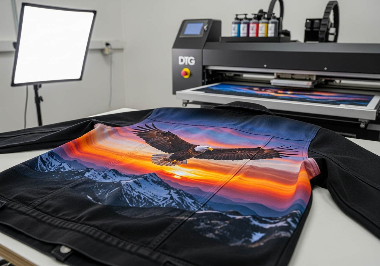 DTG printed custom jacket showing photographic quality full-color design on cotton fabric