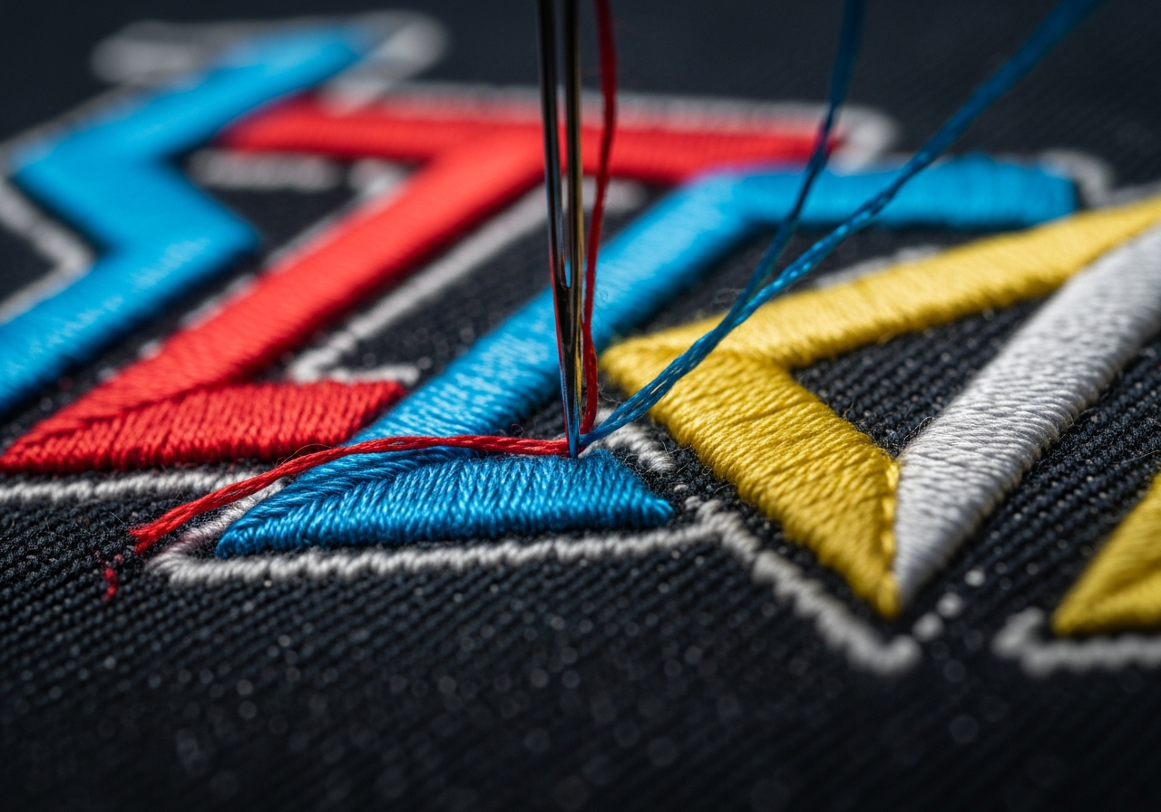Close-up of professional embroidery on a custom jacket showing thread texture and color detail