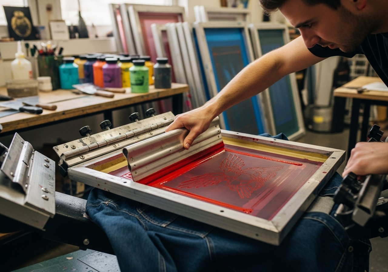 Screen printing process on a custom jacket showing ink application through mesh screen