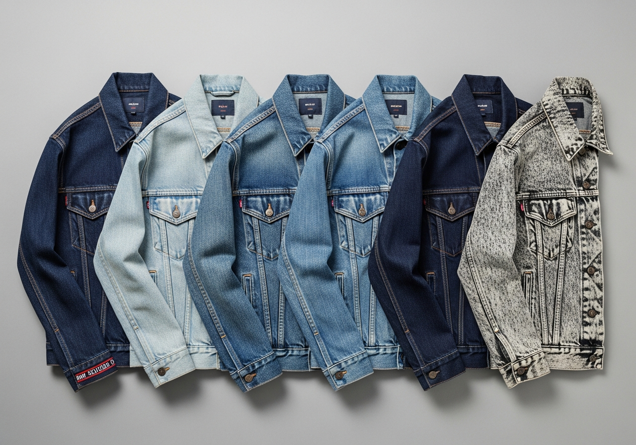 Comparison of denim jacket washes from raw indigo to light bleached showing customization suitability