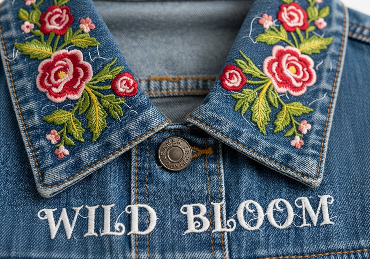 Close-up of colorful embroidered designs on a custom denim jacket showing thread texture and detail
