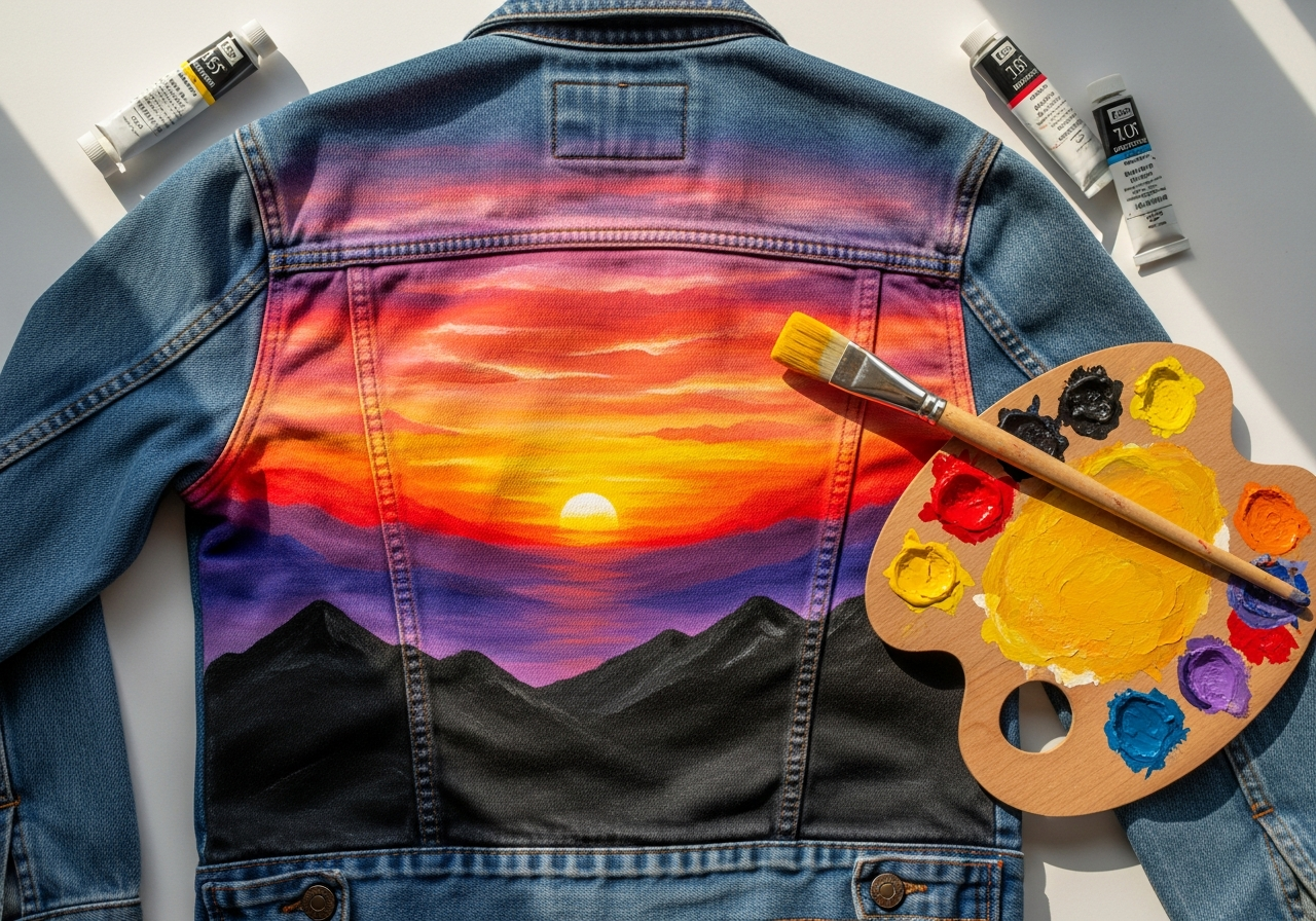 Hand-painted custom denim jacket featuring floral artwork and decorative lettering on the back panel