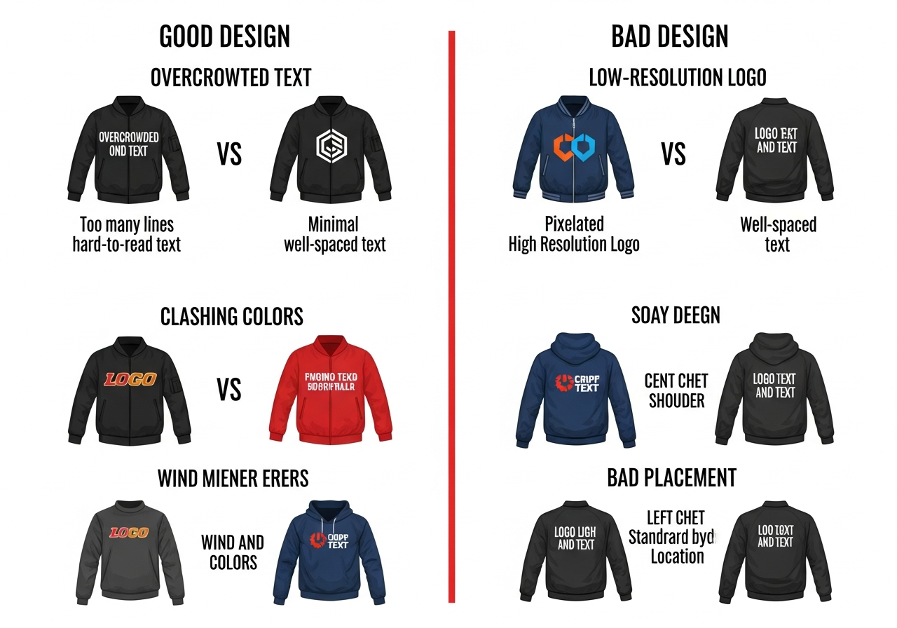 Common custom jacket design mistakes showing low resolution images overcrowded layouts and poor color contrast examples