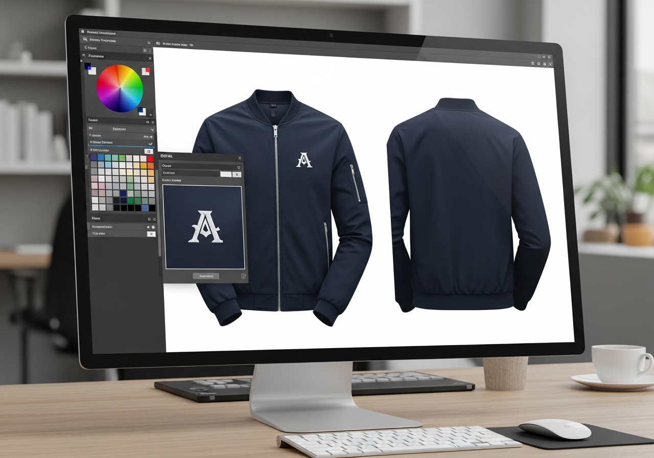 Custom jacket mockup preview showing front and back views of a designed bomber jacket with logo placement