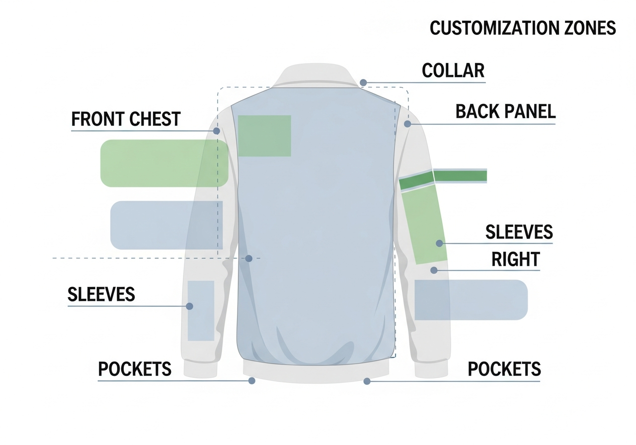 Jacket design placement zones diagram showing front chest back sleeves and collar decoration areas