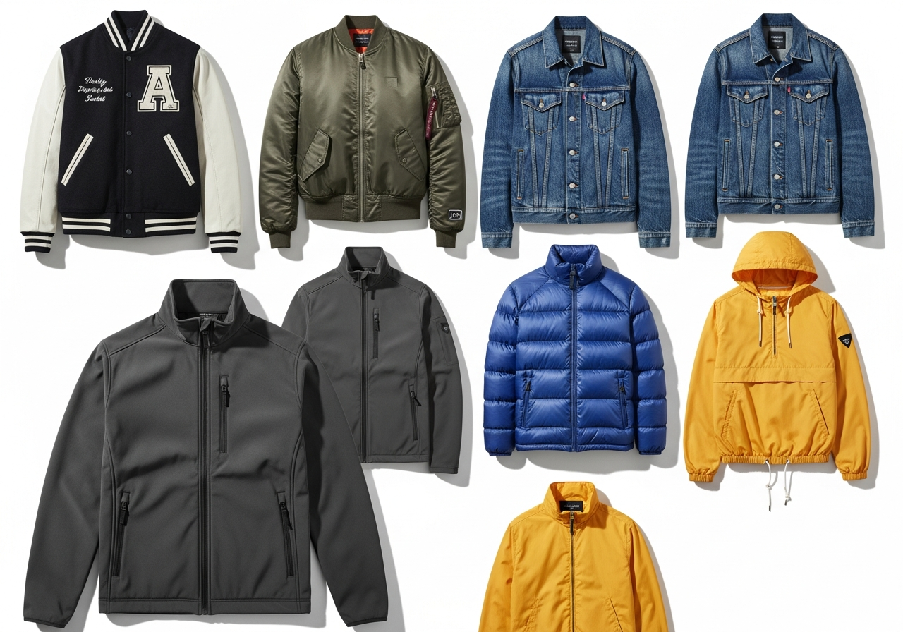 Custom jacket style comparison showing varsity bomber windbreaker and denim jacket options side by side
