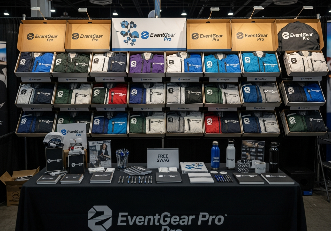 Bulk custom event jacket display showing organized inventory with size labels and branded packaging