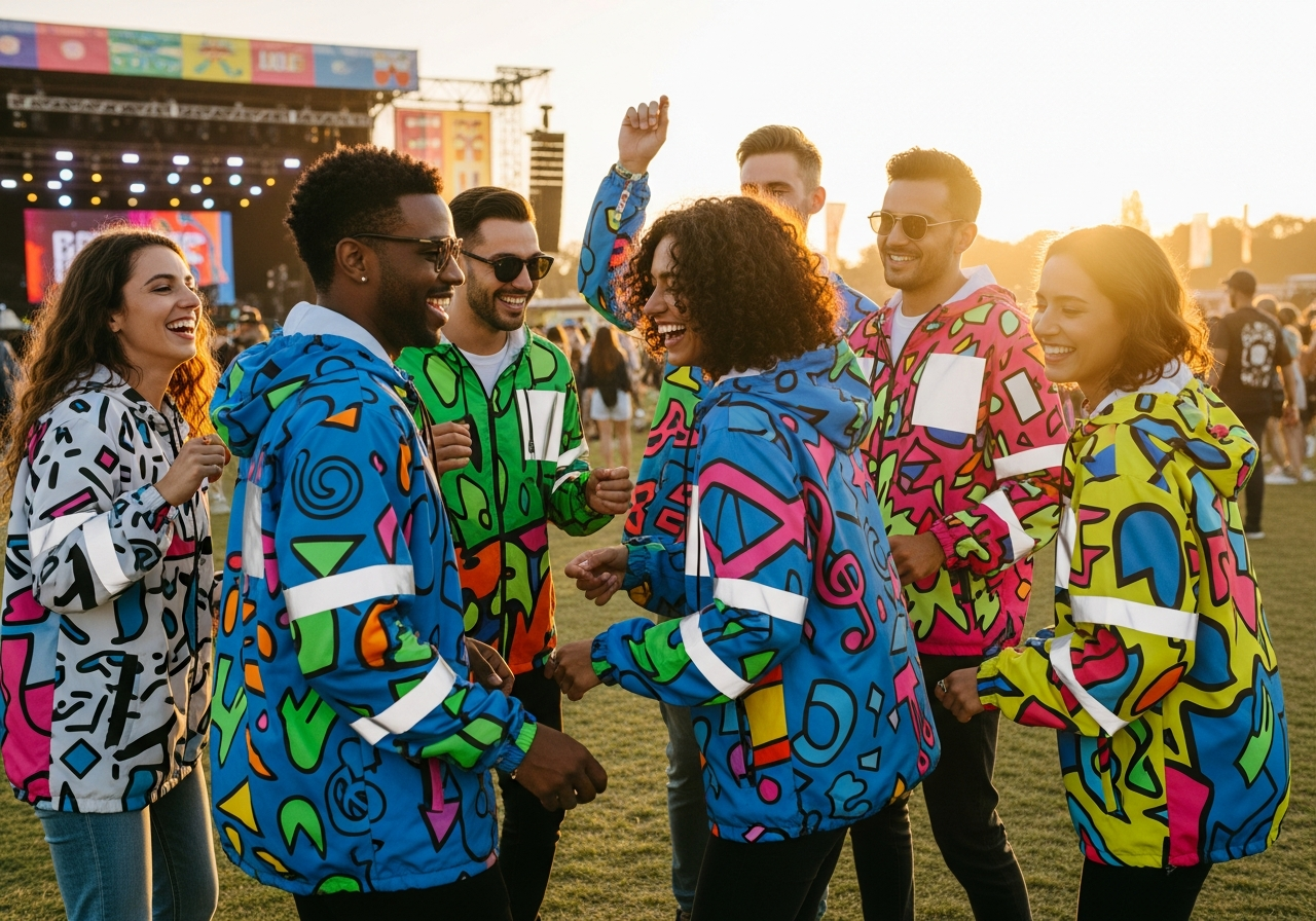 Festival and outdoor event custom jackets in bright colors with functional pockets and high-visibility crew designs