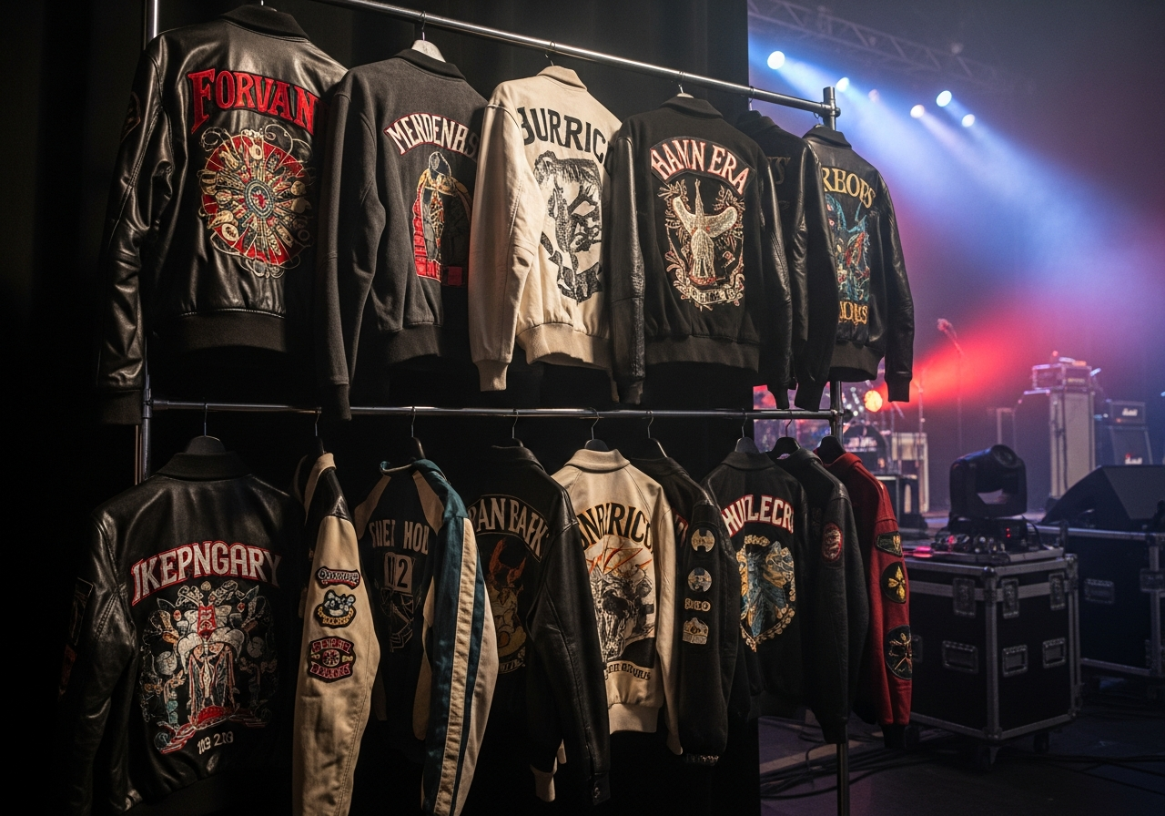 Custom concert tour merch jackets showing front logo and back tour dates in satin bomber and varsity styles