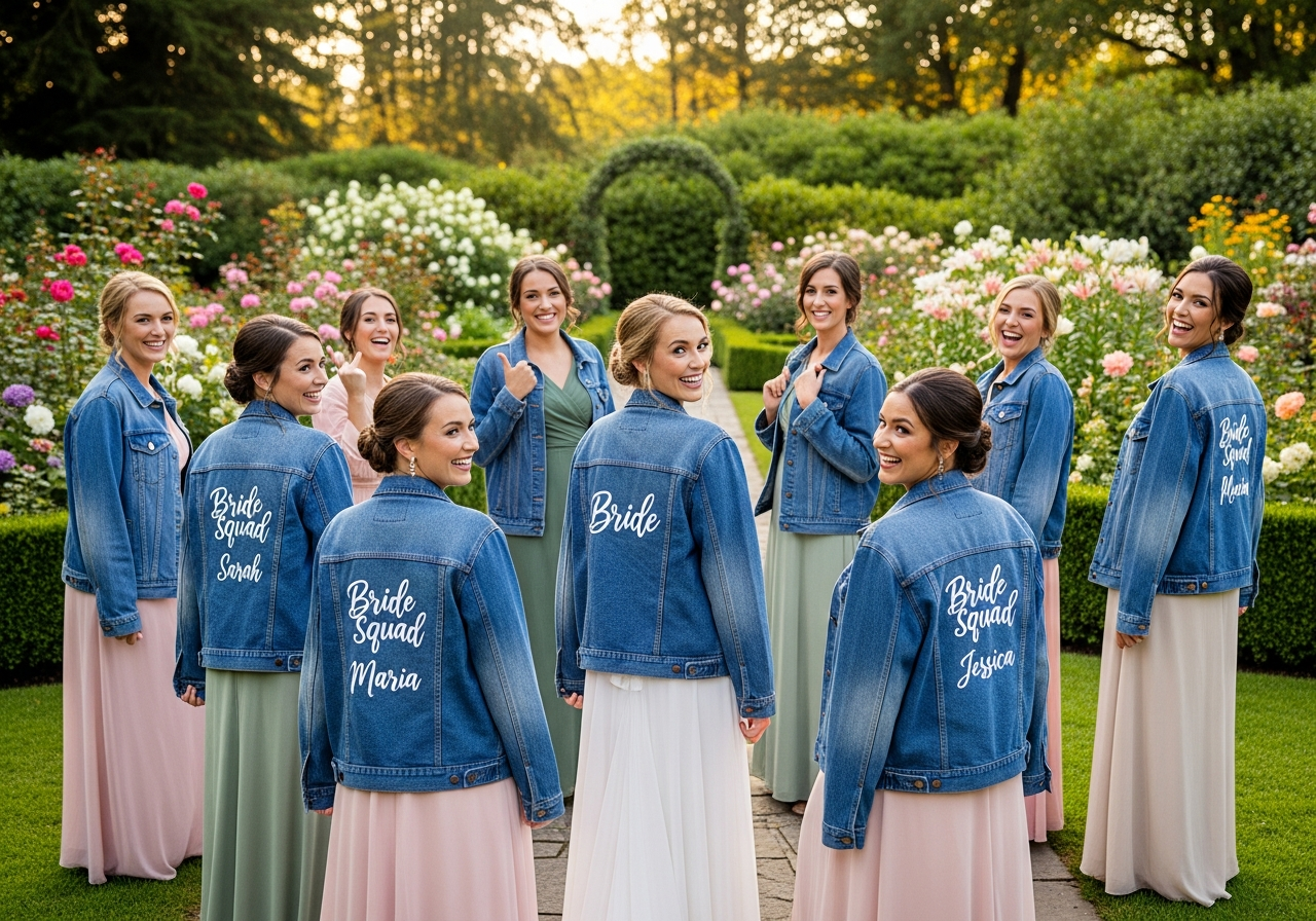 Custom wedding party jackets showing embroidered bride denim jacket and matching bridesmaid bomber jackets