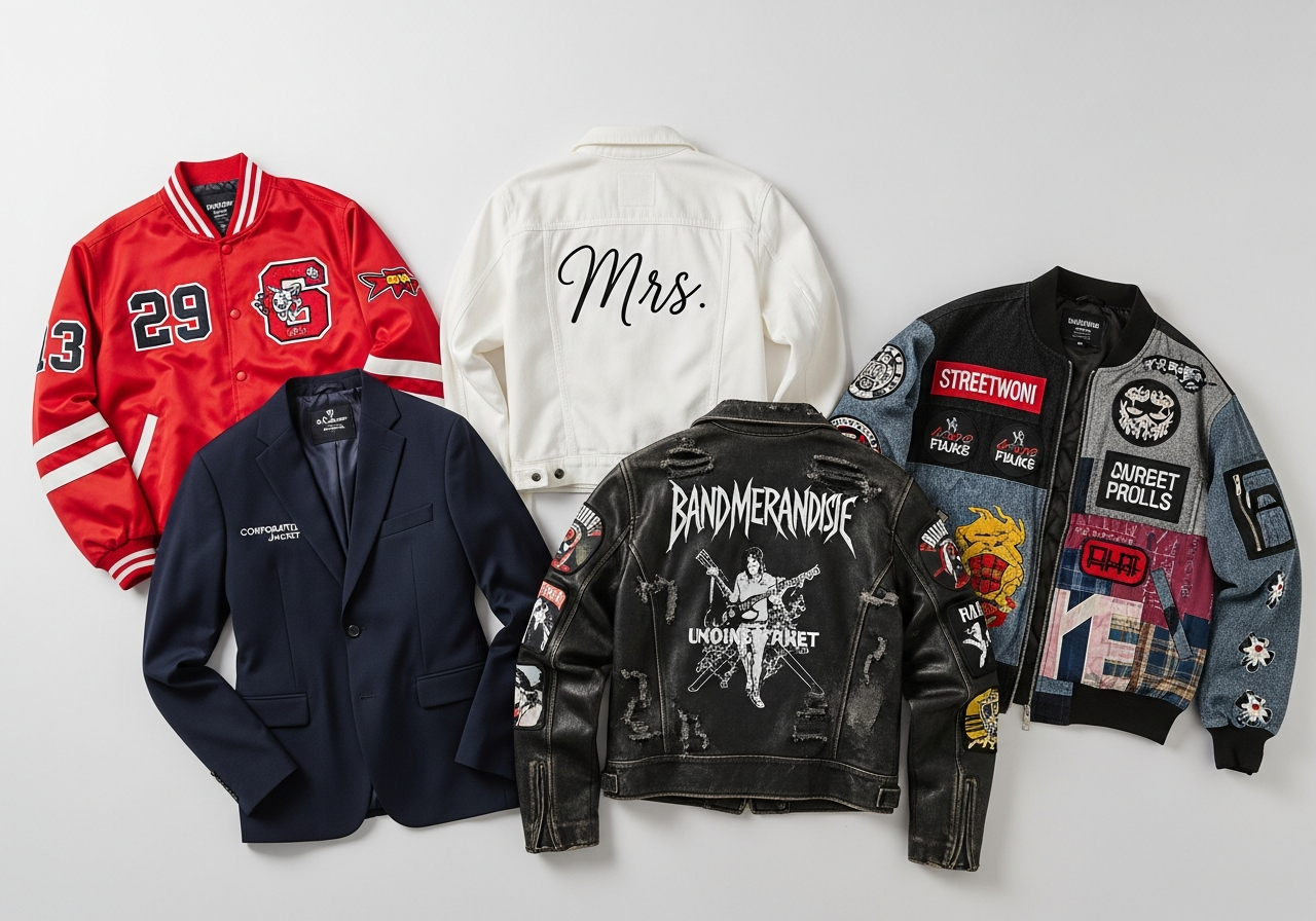 Best-selling custom jacket business niches showing sports team corporate branding music merch and streetwear categories