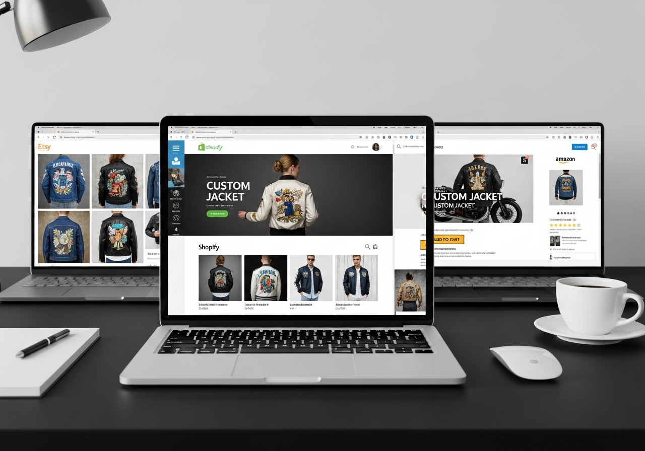 Online marketplace setup comparison for custom jacket business showing Etsy Shopify and Amazon platform features