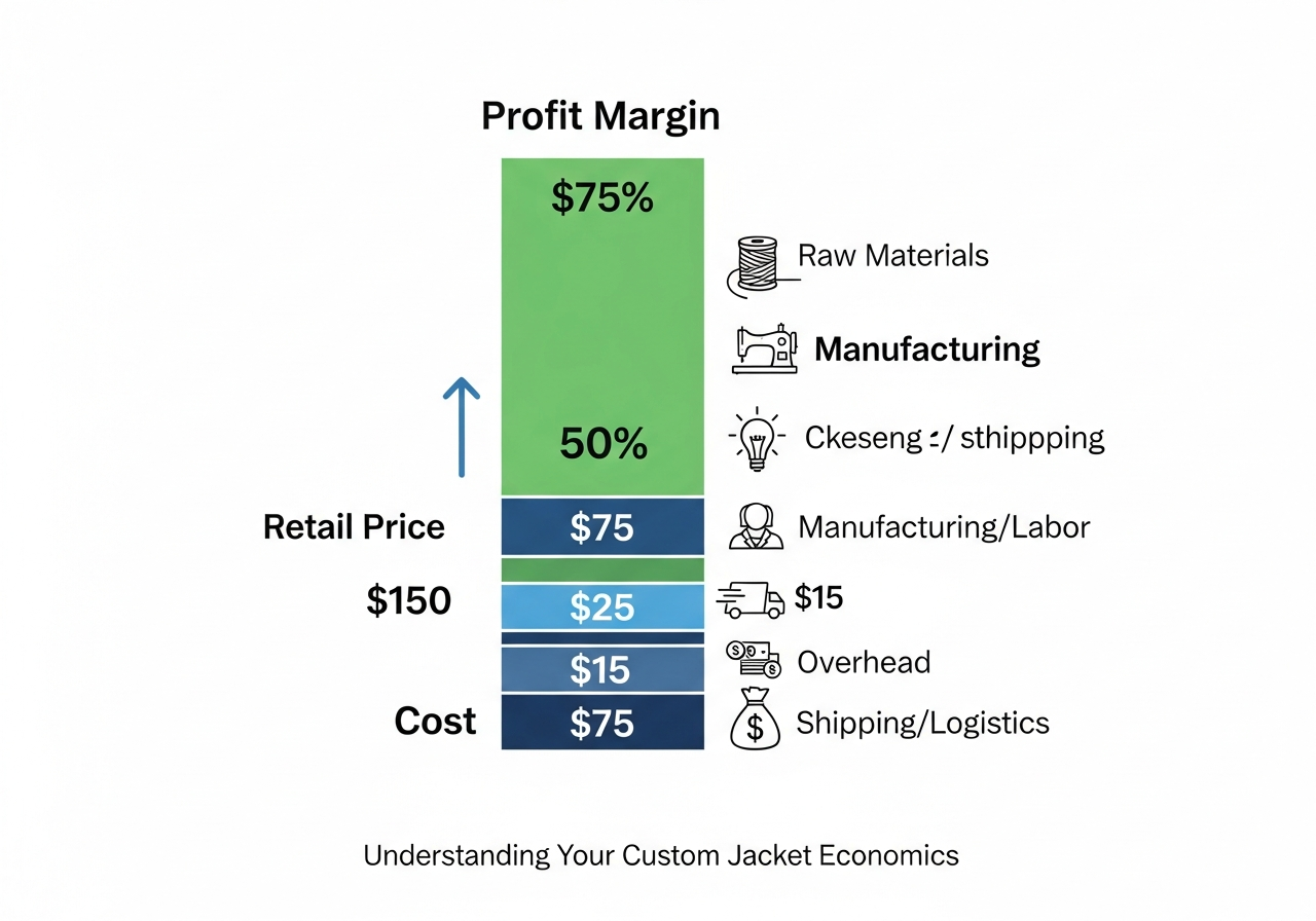 Custom jacket business profit margin comparison chart showing cost production retail price and margin by jacket type
