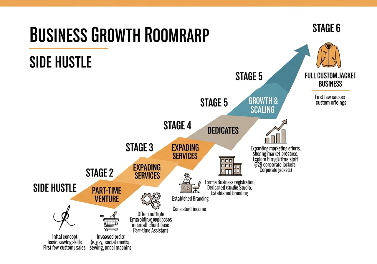 Custom jacket business scaling roadmap showing four phases from side hustle validation to full business scale