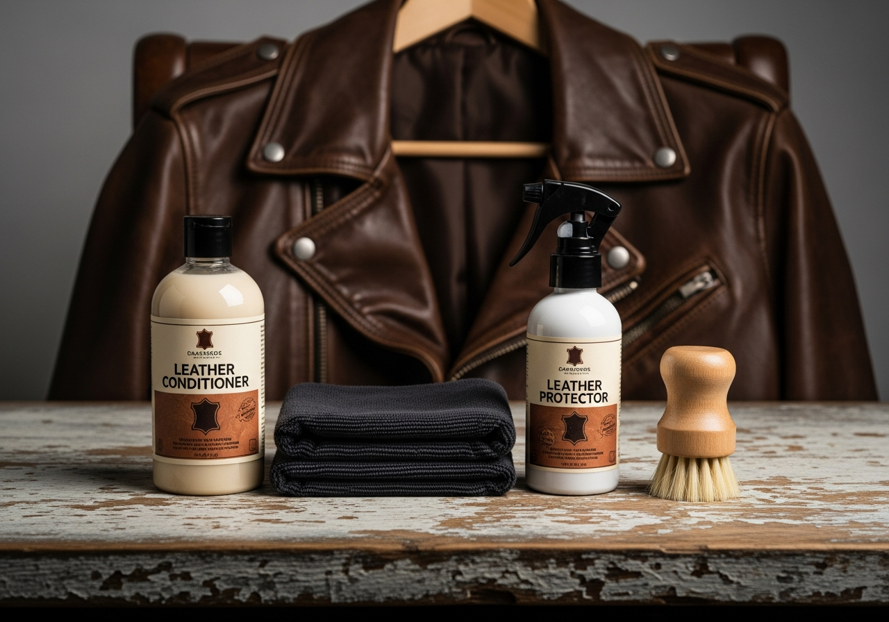 Leather jacket care essentials showing conditioning cleaning and proper storage methods