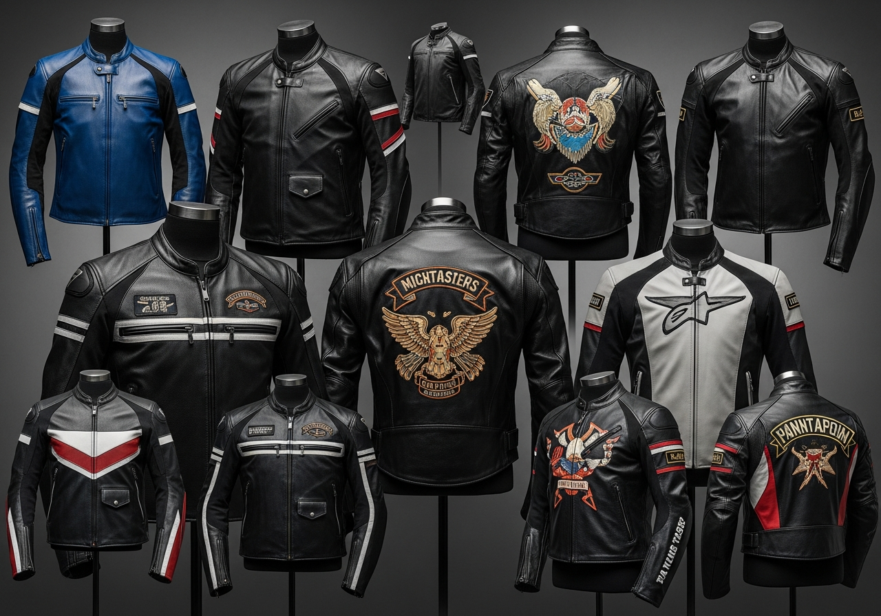 Custom motorcycle and biker leather jackets showing armor integration and riding-specific design features