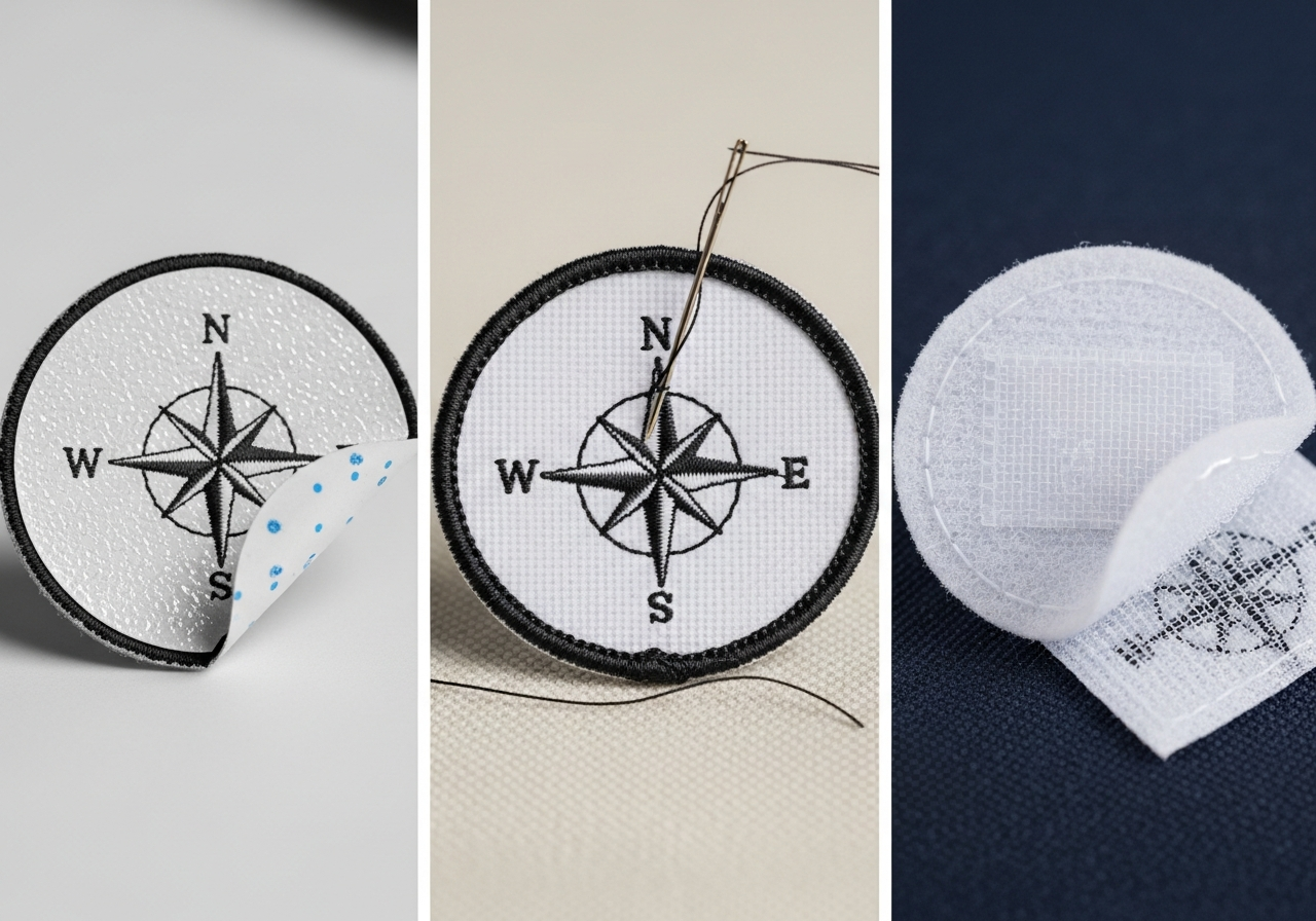 Patch backing options comparison showing iron-on adhesive sew-on thread and Velcro hook and loop attachment